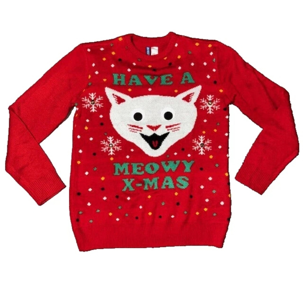 ****Divided  "Have A Meowy X-Mas" Red Grinning Cat Christmas Sweater SMALL